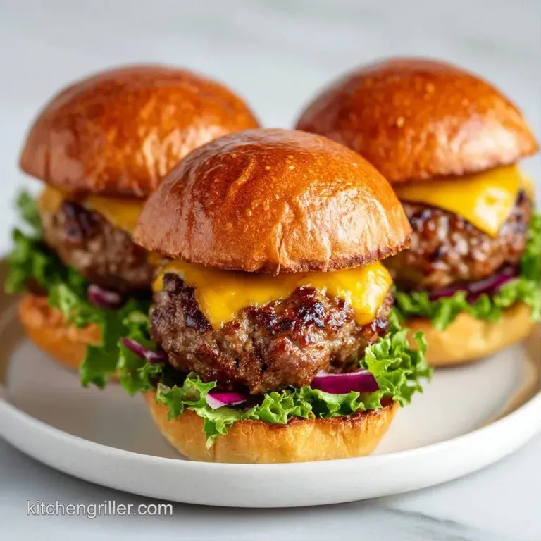Three petite beef patties with dripping cheese on a white ceramic plate served alongside golden, salted fries.