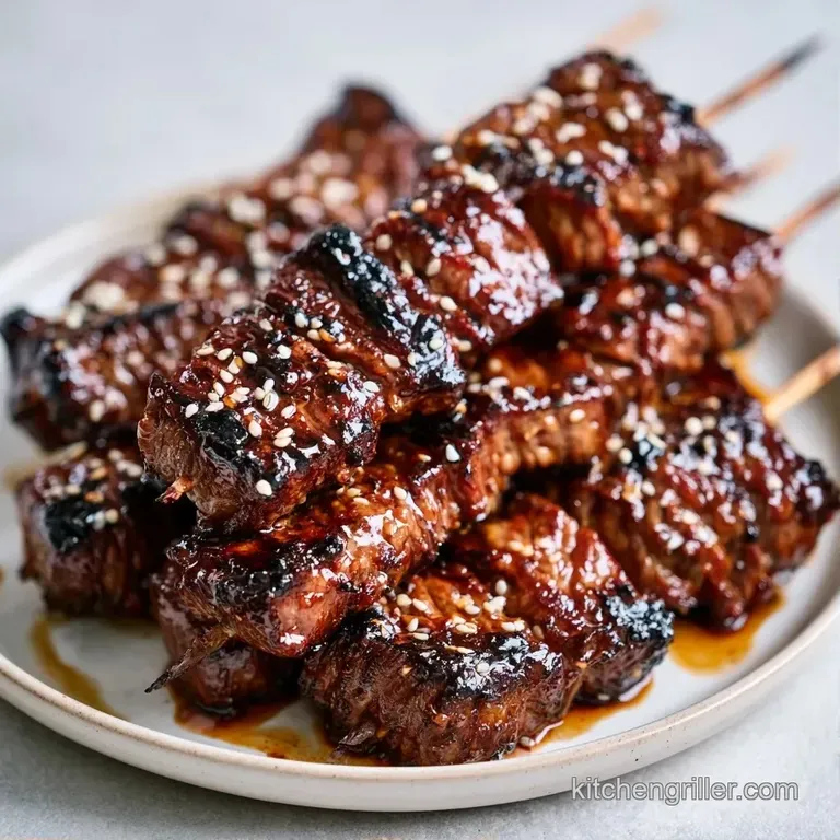 Neatly arranged meat skewers on a white ceramic platter, garnished with sliced scallions and a small bowl of sauce.
