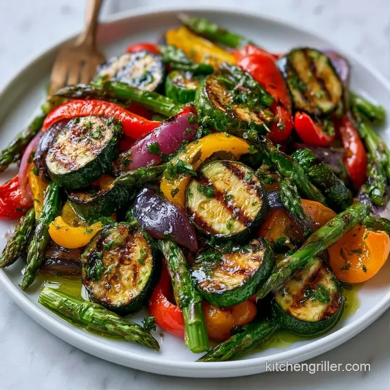 An elegant arrangement of colorful charred vegetables on a white ceramic plate with a bright lemon wedge.