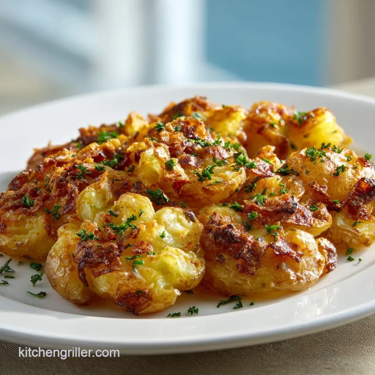 A single serving of perfectly smashed, golden potatoes, artfully arranged with a dollop of sour cream and fresh parsley.