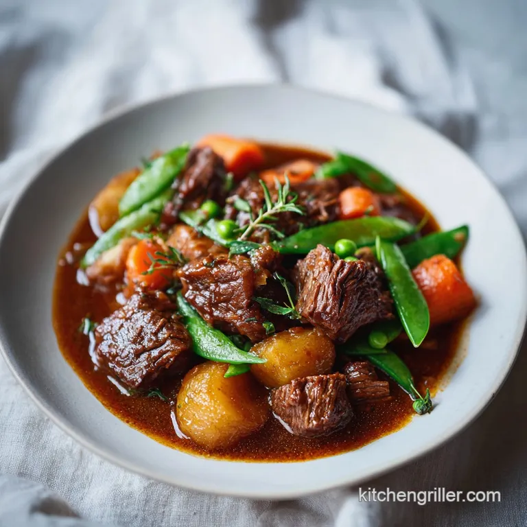 A steaming bowl of hearty beef stew, garnished with fresh herbs, showcases the rich color and rustic texture of the slow-c...