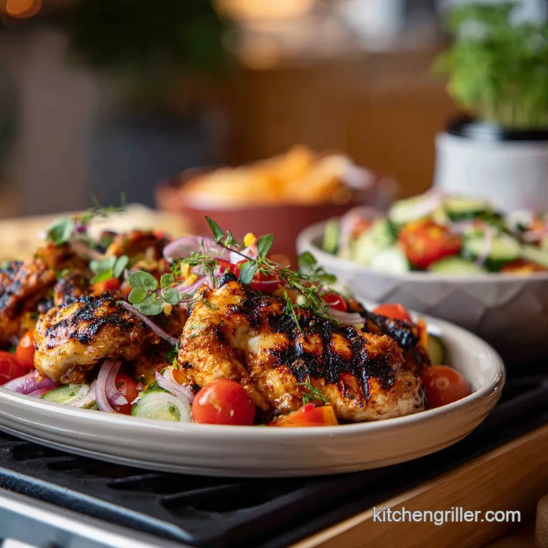 Tender, golden chicken breast slices fanned across a white plate, drizzled with herbs and bright lemon wedges.