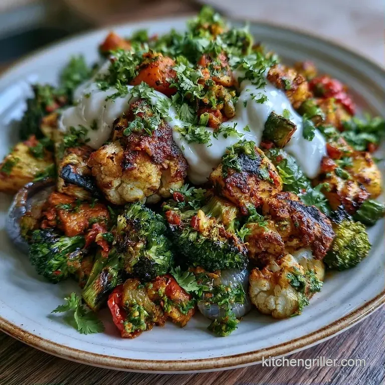 An elegant platter of charred, colorful vegetables drizzled with a creamy yogurt sauce and fresh cilantro.