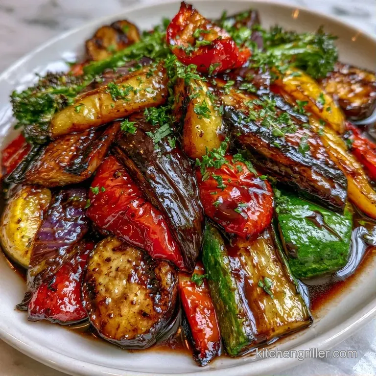 Vibrant charred bell peppers and zucchini arranged neatly on a ceramic plate, drizzled with golden olive oil.