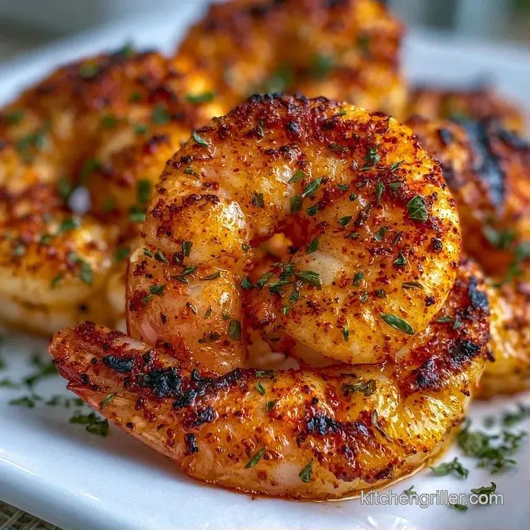 Plump, grilled shrimp and vibrant veggies arranged on a white plate with a drizzle of oil and fresh parsley.