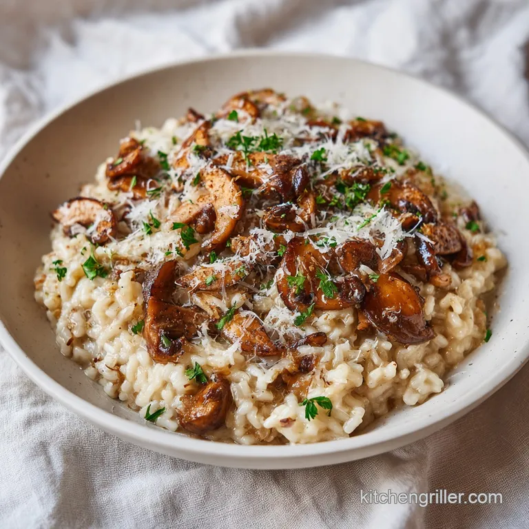 A beautifully plated mound of rich, glistening risotto topped with a sprinkle of fresh herbs and a side of roasted mushrooms.