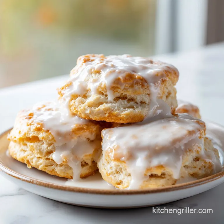 Warm, split biscuits on a rustic white plate drenched in creamy white gravy and garnished with fresh parsley.