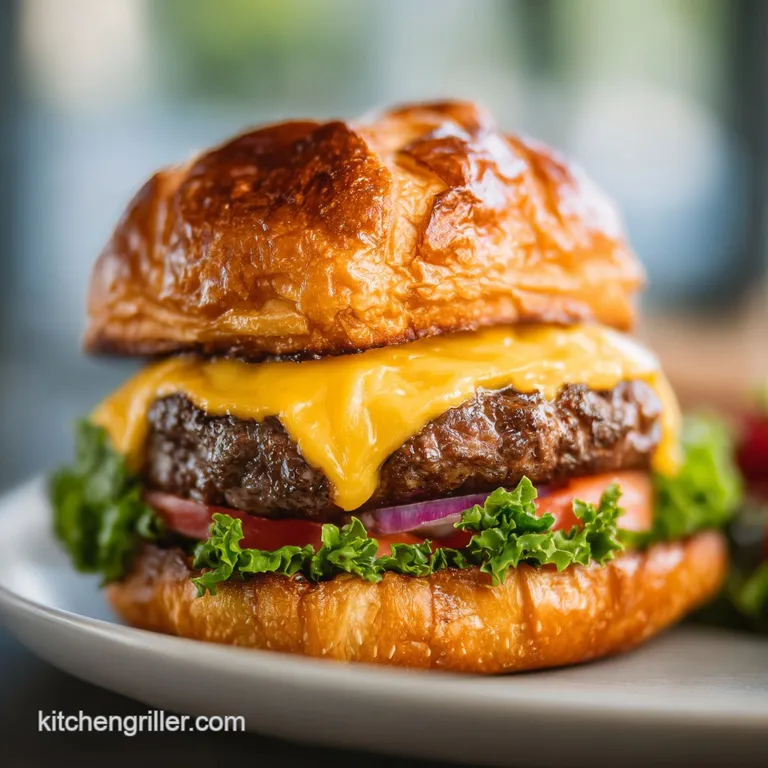 Plated Juicy Lucy burger, golden brown bun, cheese dripping enticingly, accompanied by crispy, seasoned potato wedges on w...