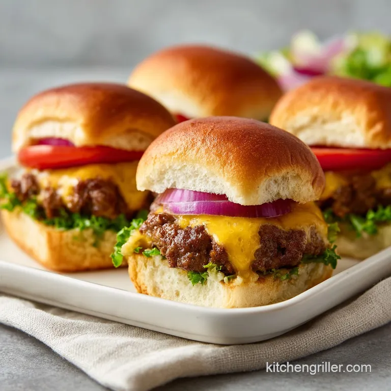 Individual cheeseburger slider on a white plate; juicy patty, melted cheese, crisp lettuce, and ripe tomato peek from the ...