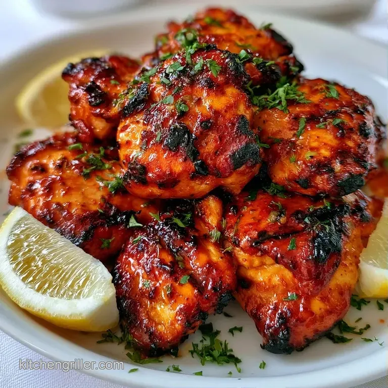 Vibrant orange grilled chicken on a white platter with rings of red onion and a side of bright green mint chutney.