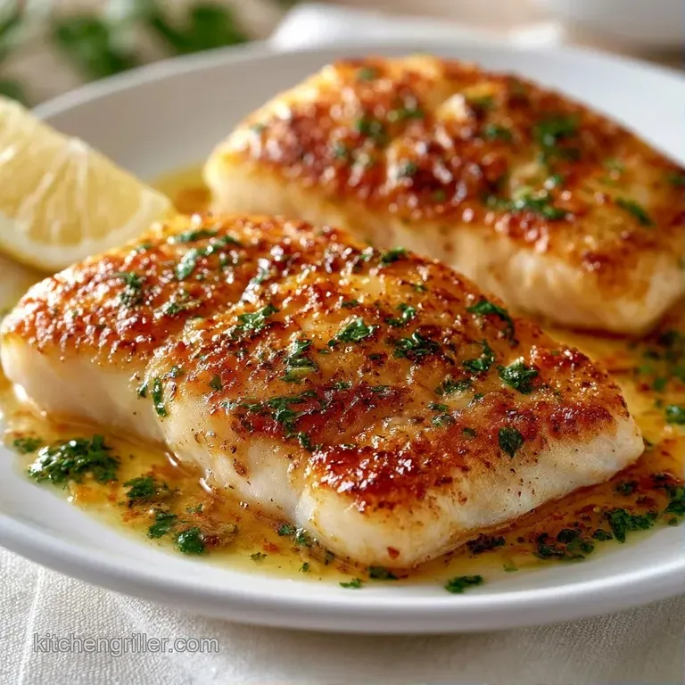 Flaky white fish fillet on a ceramic plate, accented by vibrant green asparagus and a swirl of lemon butter sauce.