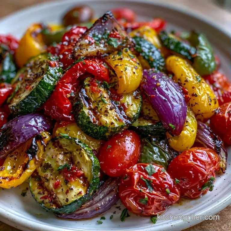 Elegant arrangement of charred bell peppers and zucchini slices on a dark slate board with fresh herb garnishes.