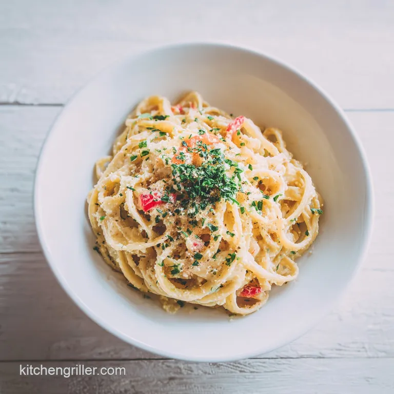 A twirled forkful of golden pasta reflects light, topped with vibrant parsley. Elegant and inviting on a simple white plate.