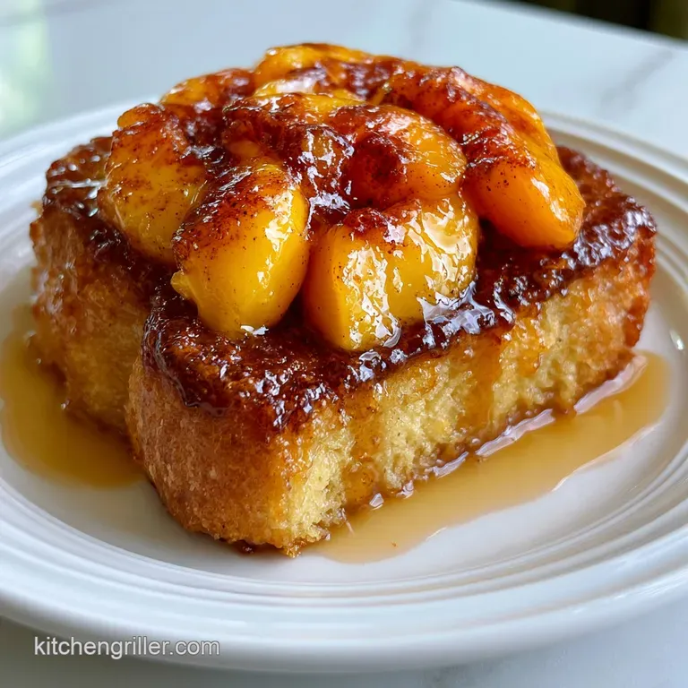 Thick slices of cinnamon-toasted bread paired with sliced peaches and a dusting of powdered sugar on a white plate.