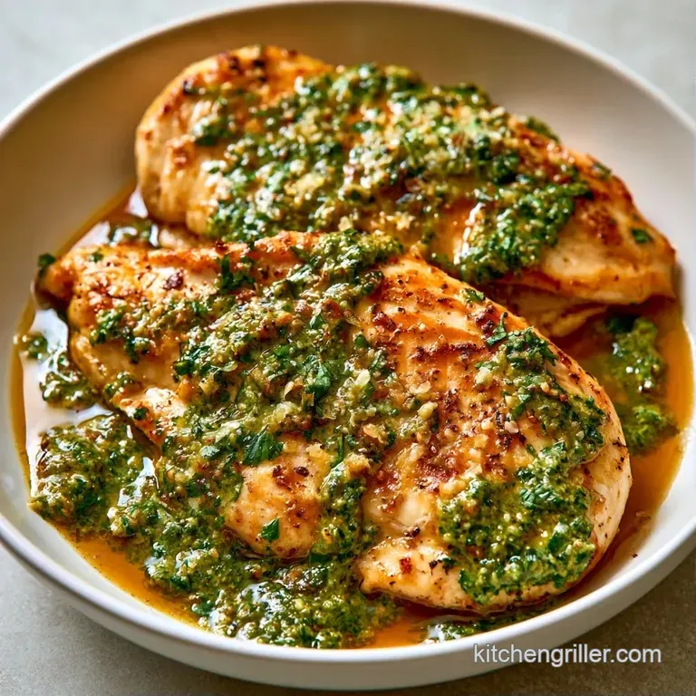Sliced chicken breast topped with bright green pesto, drizzled with olive oil on a minimalist ceramic platter.