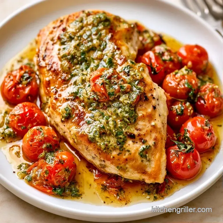 Succulent chicken breast topped with vibrant green pesto and roasted tomatoes on a clean white ceramic plate.