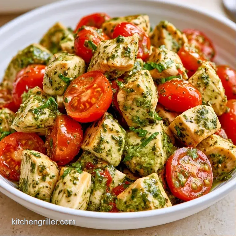 Sliced grilled chicken coated in vibrant green pesto, served alongside roasted cherry tomatoes and steaming brown rice.