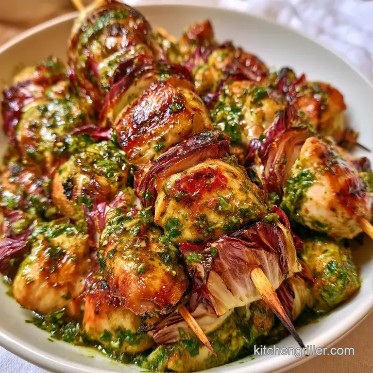 Charred chicken skewers resting on a bed of fresh arugula with a side of lemon wedges and a drizzle of oil.
