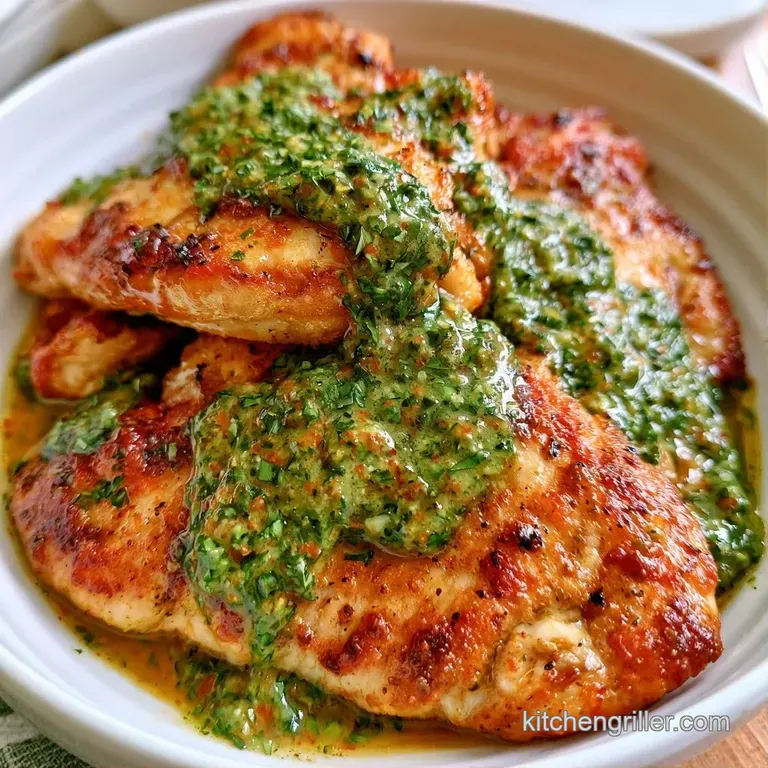 Sizzling golden-brown chicken thighs paired with a vibrant green pesto drizzle on a modern dark slate platter.