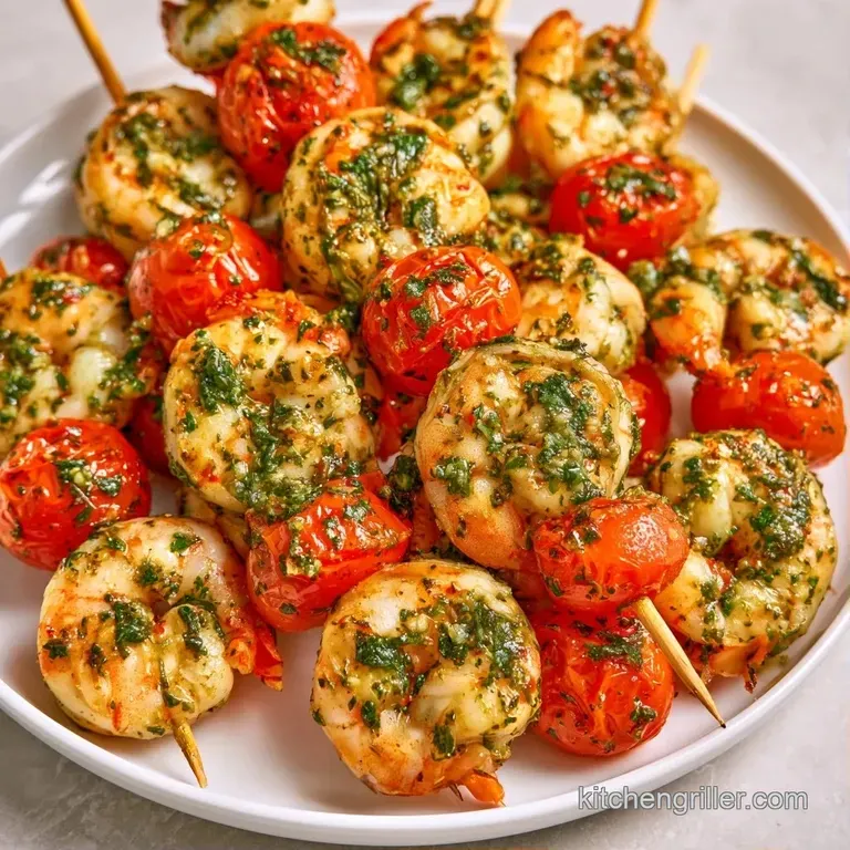 Four skewers of charred seafood and bright red cherry tomatoes arranged on a white platter with lemon wedges.