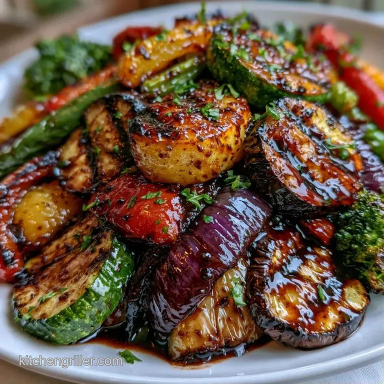 Colorful medley of roasted vegetables arranged on a white ceramic platter, garnished with fresh green parsley.