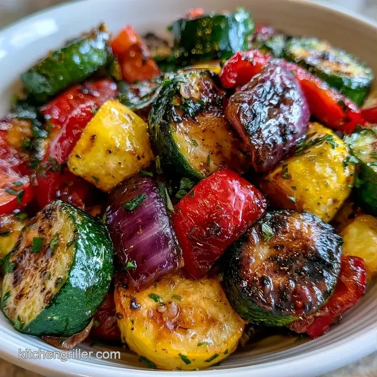 Glossy grilled vegetables arranged on a white ceramic platter, garnished with fresh green parsley and black pepper.