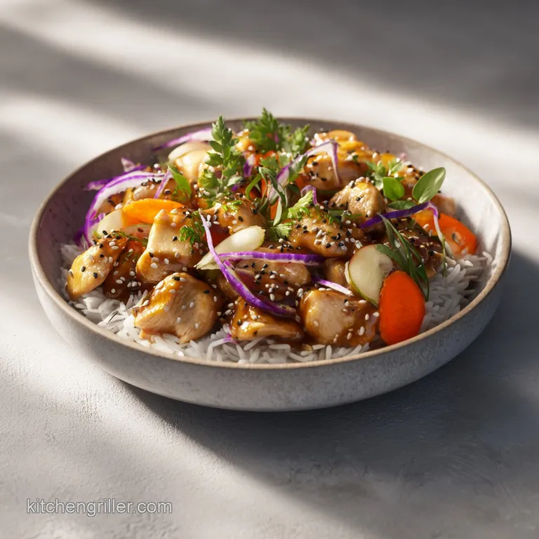 Chicken dinner bowl with perfectly grilled chicken slices nestled on vibrant greens and quinoa, drizzled with creamy, ligh...