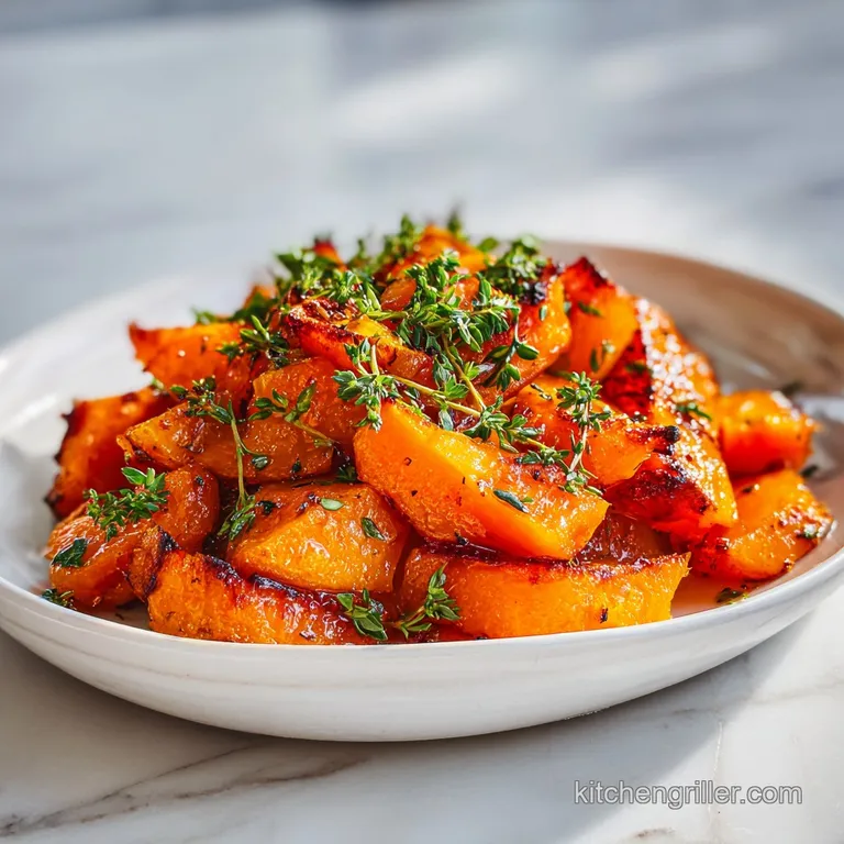 A golden mound of tender butternut squash topped with a sprig of rosemary on a rustic white plate.