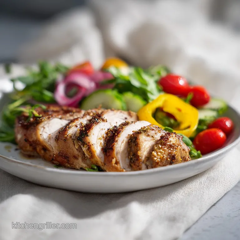 Perfectly arranged lunch plate: juicy chicken breast, bright green broccoli florets, and a portion of fluffy, light quinoa.