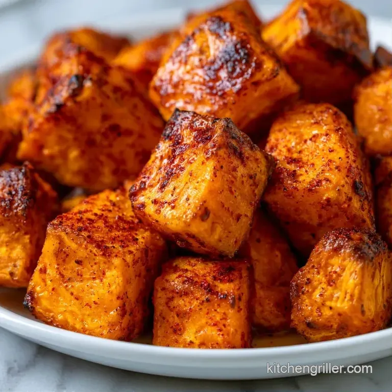 Golden-orange potato cubes piled high on a ceramic plate, garnished with chopped herbs and a side of creamy dip.