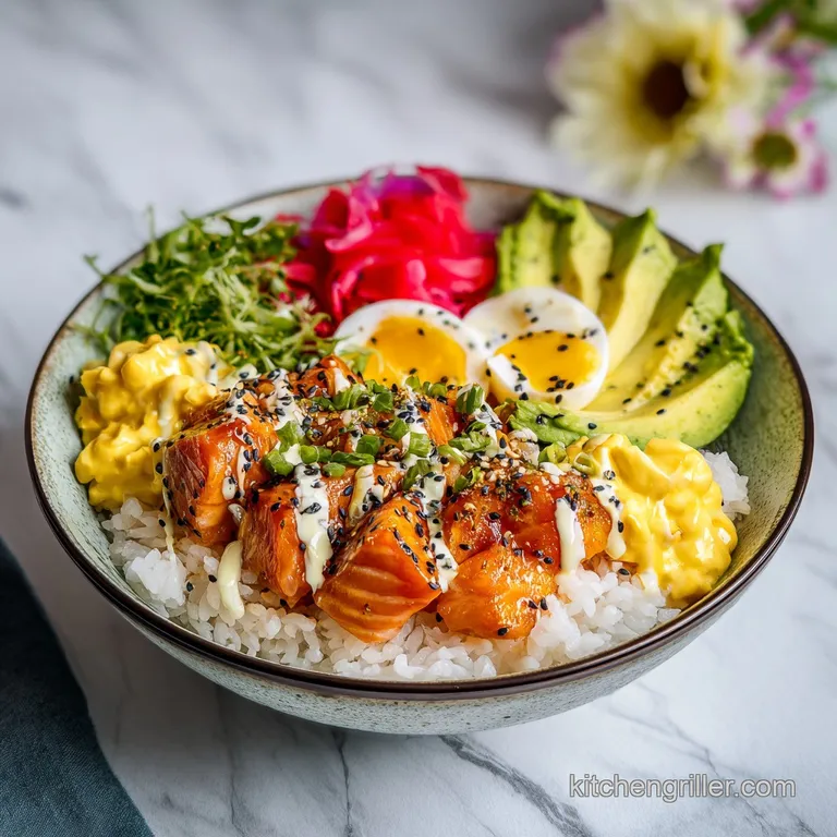 Beautifully arranged sushi bowl featuring glistening salmon slices, vibrant avocado, and neatly portioned toppings.