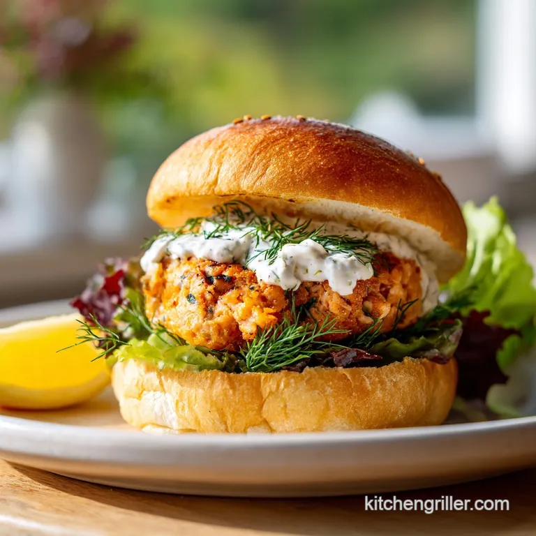 A flaky salmon burger glistening with creamy lemon-dill sauce, nestled on a toasted bun with fresh greens, ready to be enj...