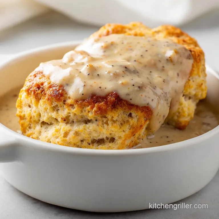 A square portion of fluffy golden biscuits and creamy peppered gravy plated on white porcelain with a sprig of parsley.