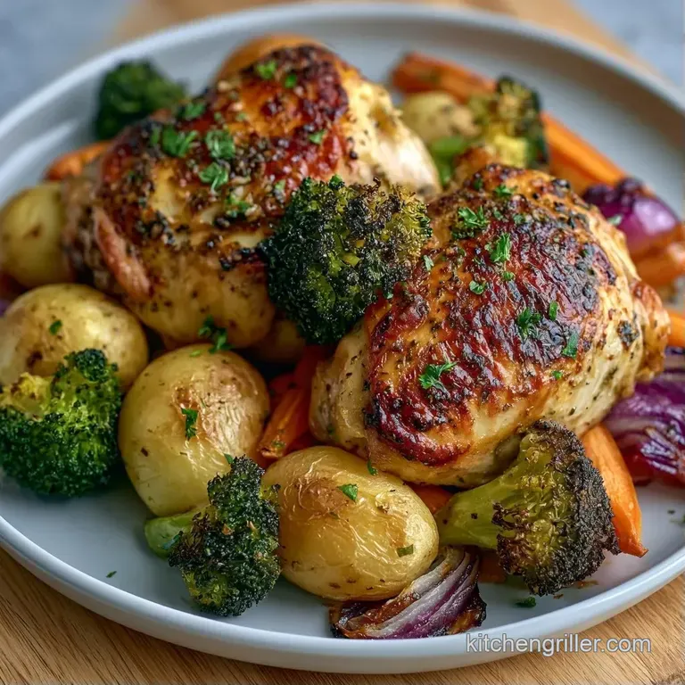 Plated golden-brown chicken breast with a side of honey-glazed carrots and roasted potatoes on a white ceramic dish.