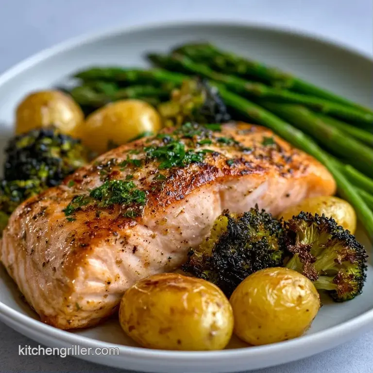 Seared salmon fillet on a white plate, paired with vibrant roasted asparagus and a bright lemon slice.