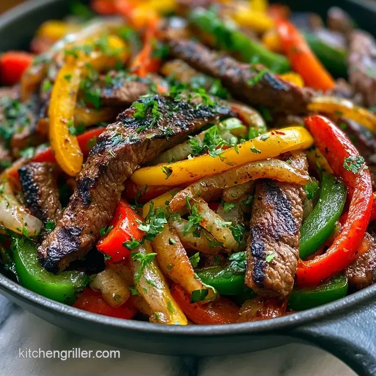 Searing strips of beef and vibrant bell peppers in a cast iron skillet, topped with fresh cilantro and lime wedges.