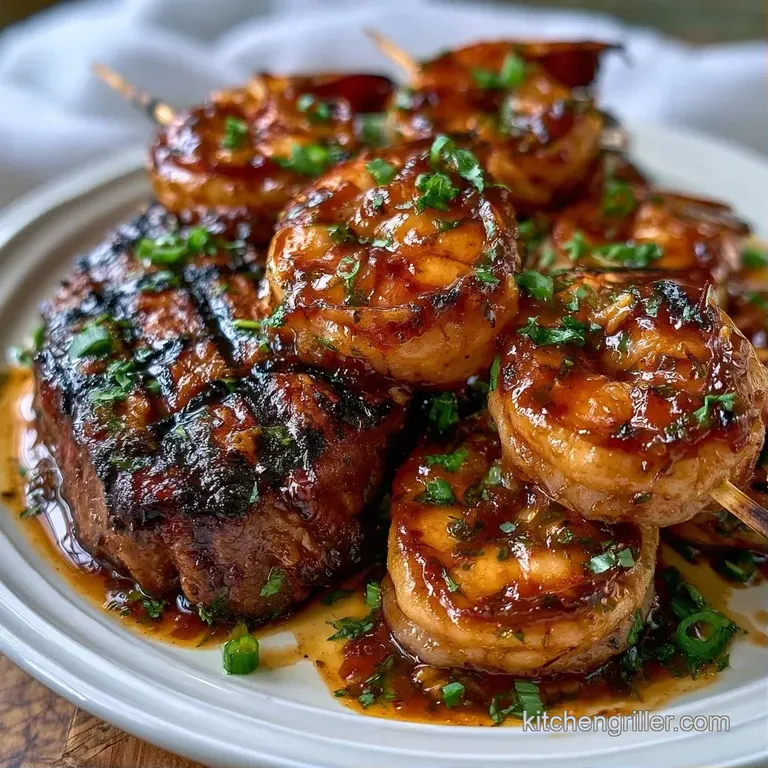 Three grilled skewers with seared meat and pink shrimp arranged neatly on a white plate with a bright lemon wedge.