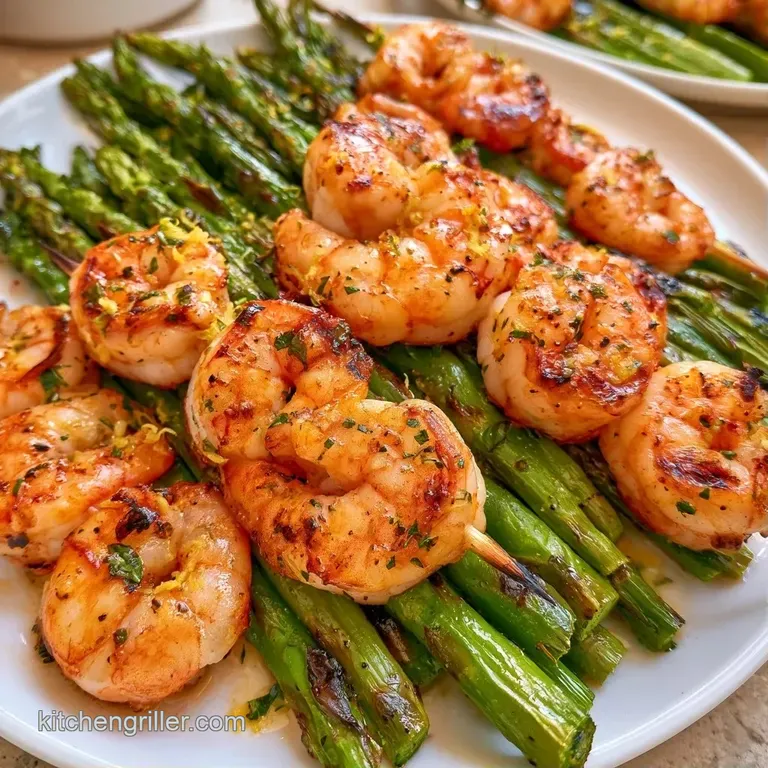 Perfectly aligned skewers of grilled prawns and crisp asparagus on a modern slate platter with citrus accents.