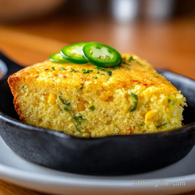 A wedge of jalapeno cornbread sits on a rustic plate, steam rising gently. Visible jalapeno, fluffy crumb and golden crust.