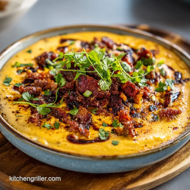 Smoked queso dip served warm with crispy tortilla chips, the creamy cheese contrasting with the crunchy chips on a rustic ...