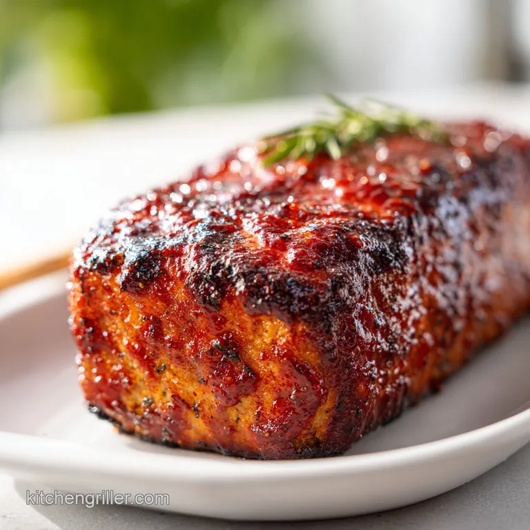 Slice of glazed meatloaf with visible smoke ring, plated with creamy mashed potatoes and vibrant green broccoli florets.