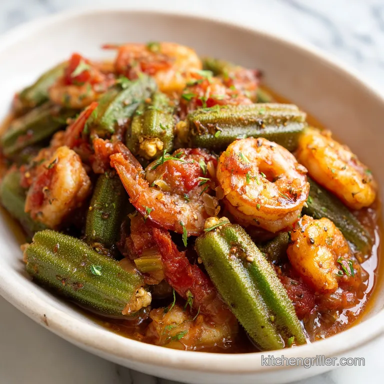 A glistening mound of shrimp and okra stew, generously portioned with a side of white rice.