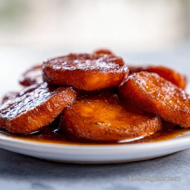 Tender orange root vegetable slices piled high on a white plate, drizzled in glossy syrup with a sprig of parsley.