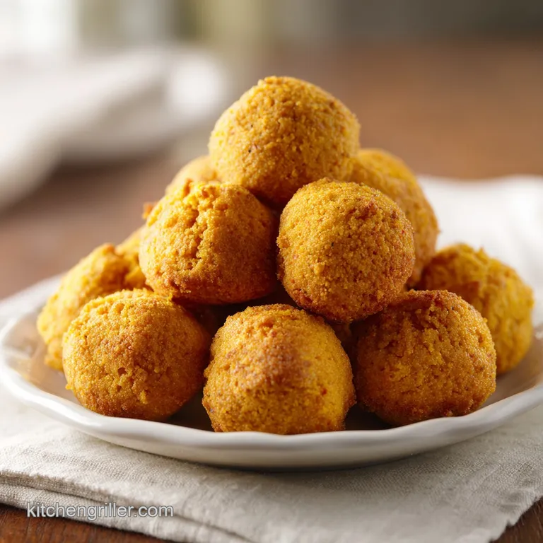 A neat stack of golden-fried cornmeal balls served in a white ceramic bowl with a side of creamy dipping sauce.