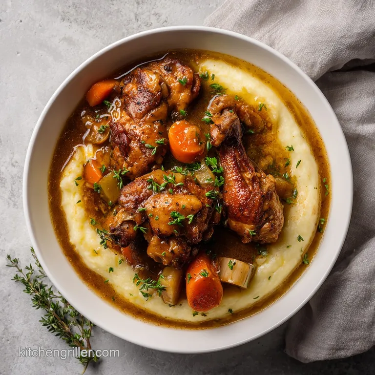A portion of succulent stewed chicken and luscious gravy, artfully arranged with fluffy mashed potatoes and greens.