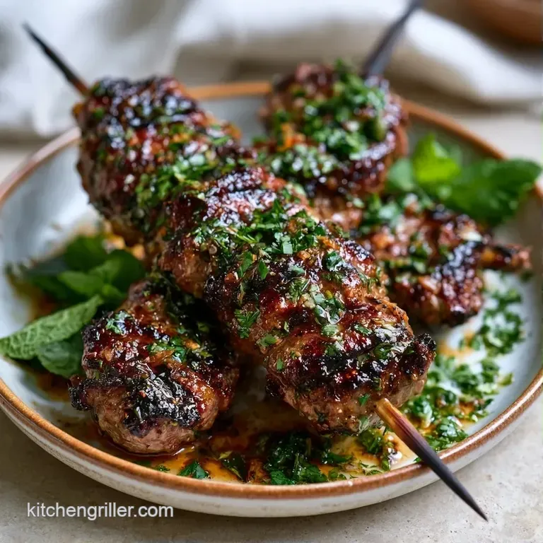 Charred meat skewers on a slate platter with thin red onion slices, fresh parsley, and bright lemon wedges.