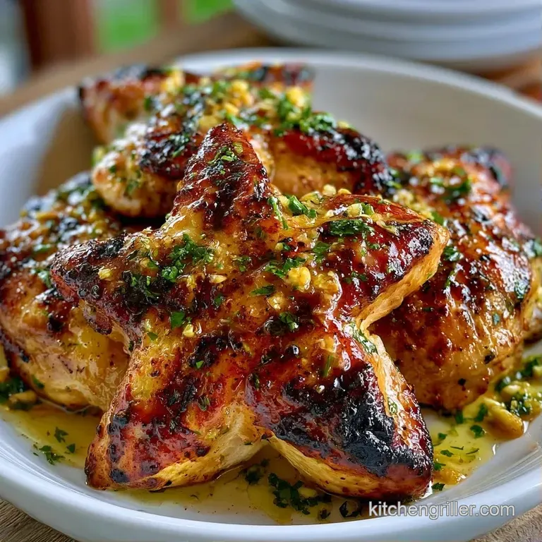Sliced golden chicken breast arranged on a platter with charred lemon halves and sprigs of fresh rosemary and thyme.