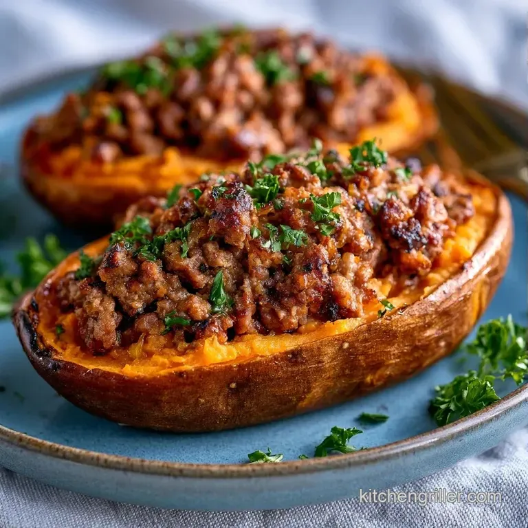 A roasted orange potato on a white ceramic plate, topped with browned beef and a sprinkle of fresh green chives.