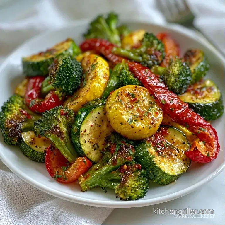 Vibrant medley of grilled peppers and zucchini arranged on a ceramic plate with a sprinkle of fresh herbs.