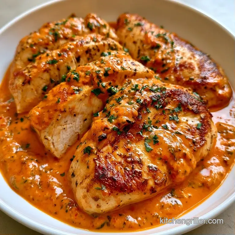 Two golden chicken fillets on a white plate, surrounded by a creamy red sauce and a sprinkle of fresh green herbs.